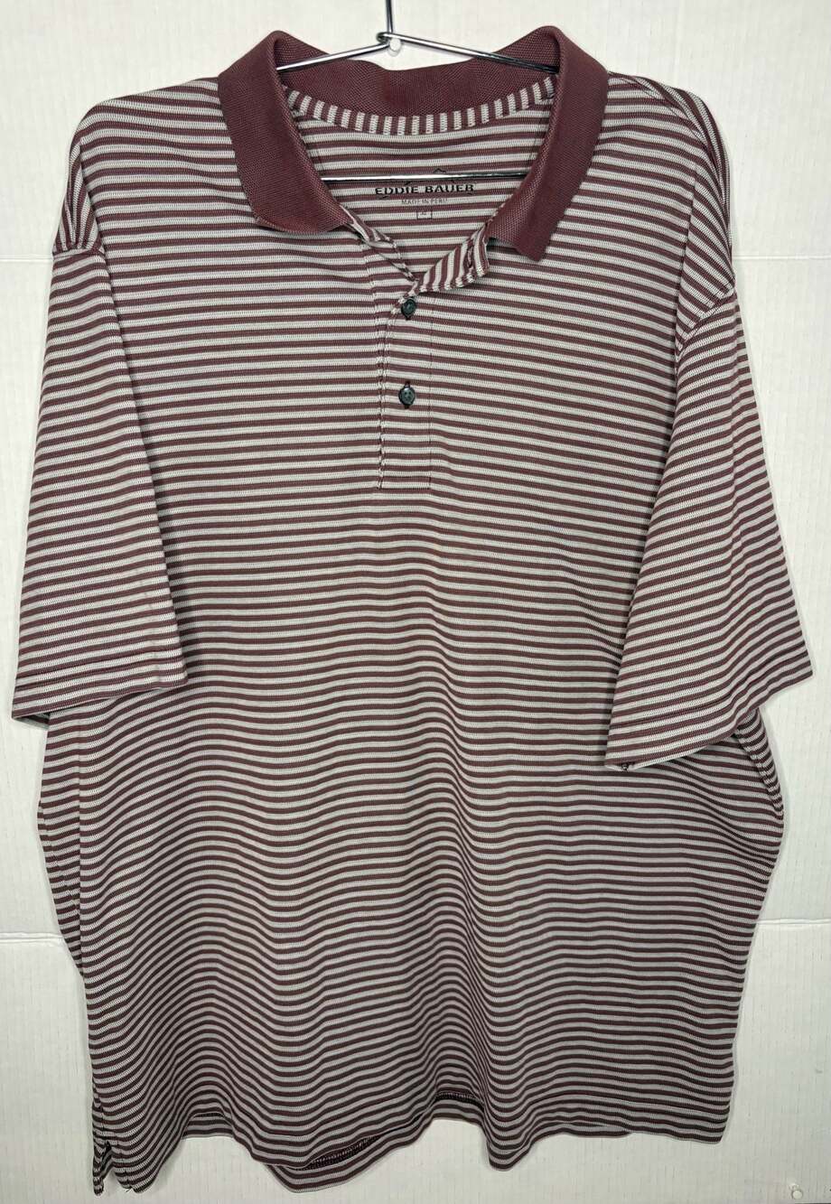 Eddie Bauer Men's Maroon and White Striped Short Sleeve Polo Shirt